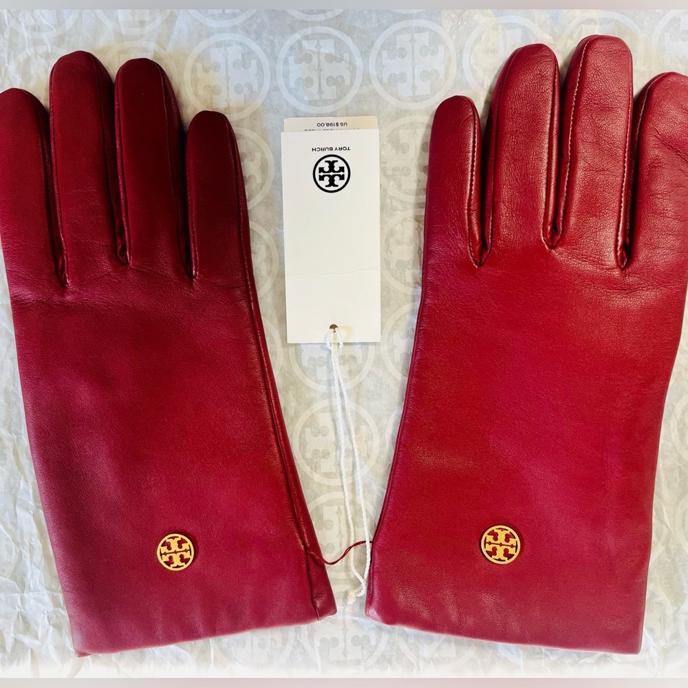 NWT TORY BURCH cashmere-lined Leather Tech Gloves Size XL (burgundy) MSRP $198